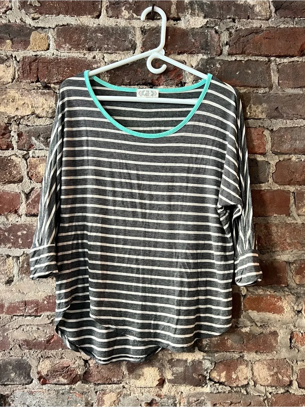 Pink Rose Black and White Striped Long Sleeve Top with Teal Trim - Picture 1 of 6